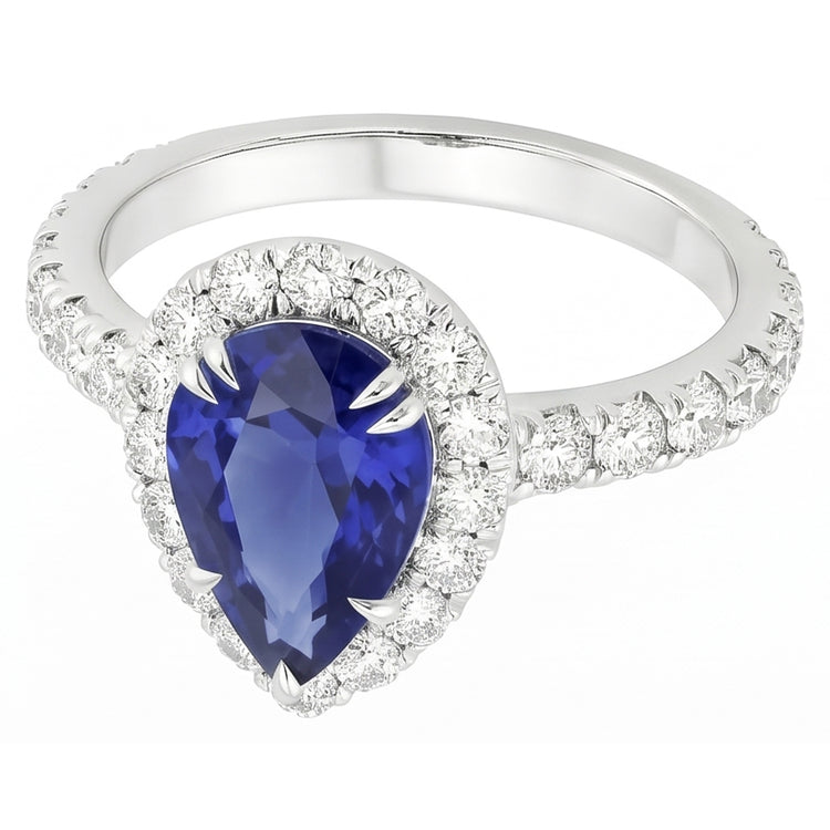 Halo Diamond Gemstone Ring Pear Ceylan Sapphire Claw Griff Set 6 Carat