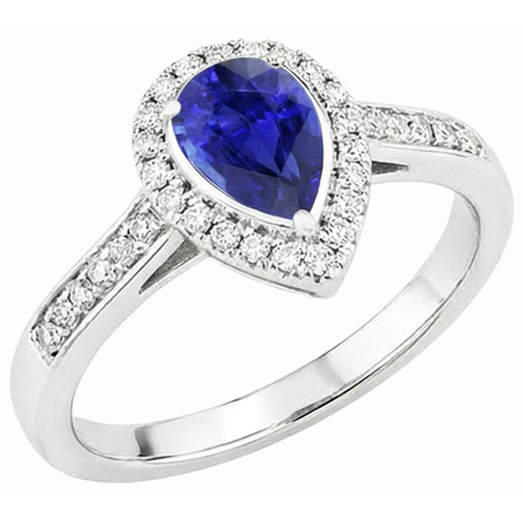 Halo Diamond Wedding Ring Pear Cut Ceylan Sapphire Center 3.50 Carats