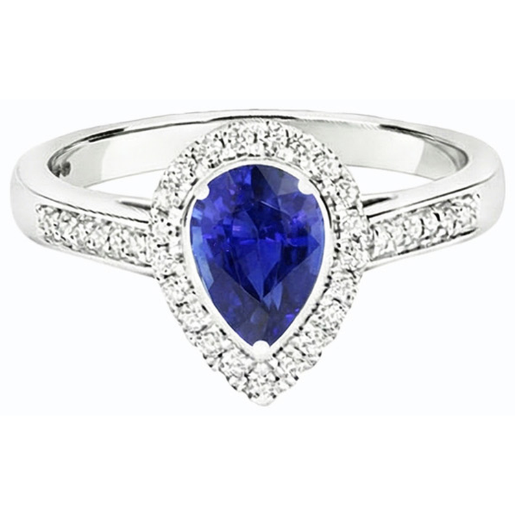 Halo Diamond Wedding Ring Pear Cut Ceylan Sapphire Center 3.50 Carats
