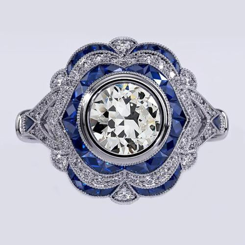 Halo Gemstone Vieux Mineur Lunette Sertie Véritable Diamant Bague Saphir 3.50 Carats