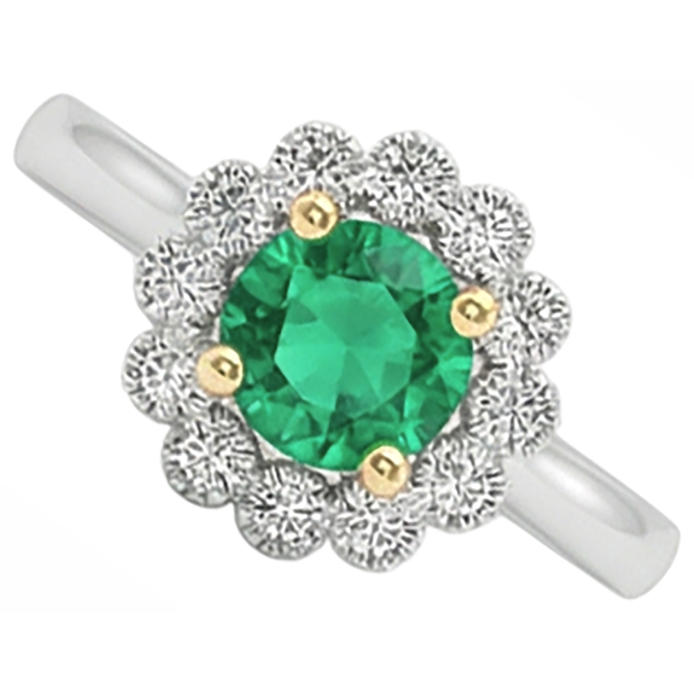 Émeraude Colombienne Taille Brillant Bague Pierre de Couleur en Or Deux Tons 14 Carats – vue de côté