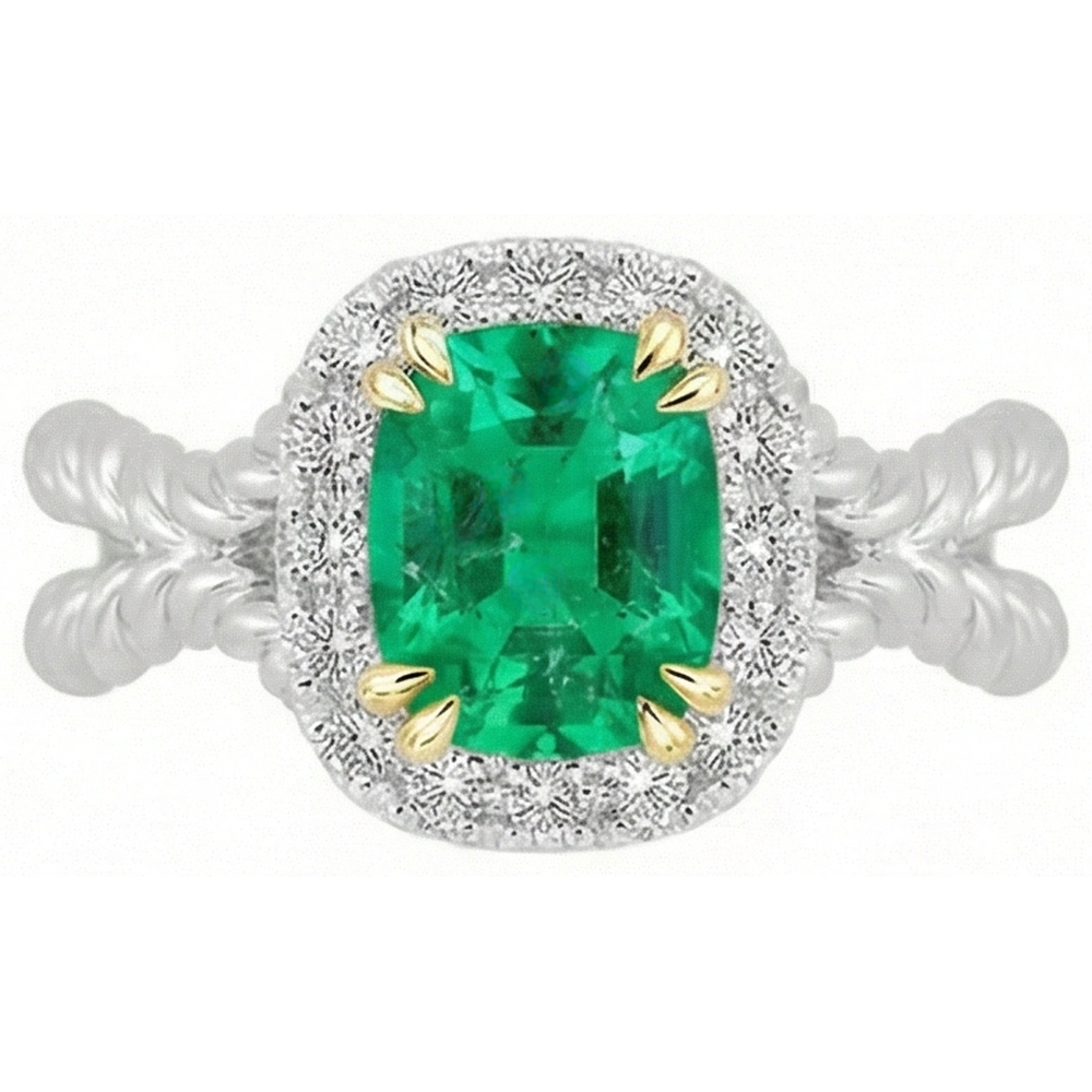 Bague avec Gemme Or Bicolore 14 Carats avec Émeraude Fine – vue de face