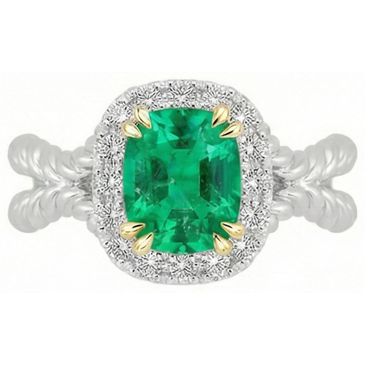 Bague avec Gemme Or Bicolore 14 Carats avec Émeraude Fine – vue de face