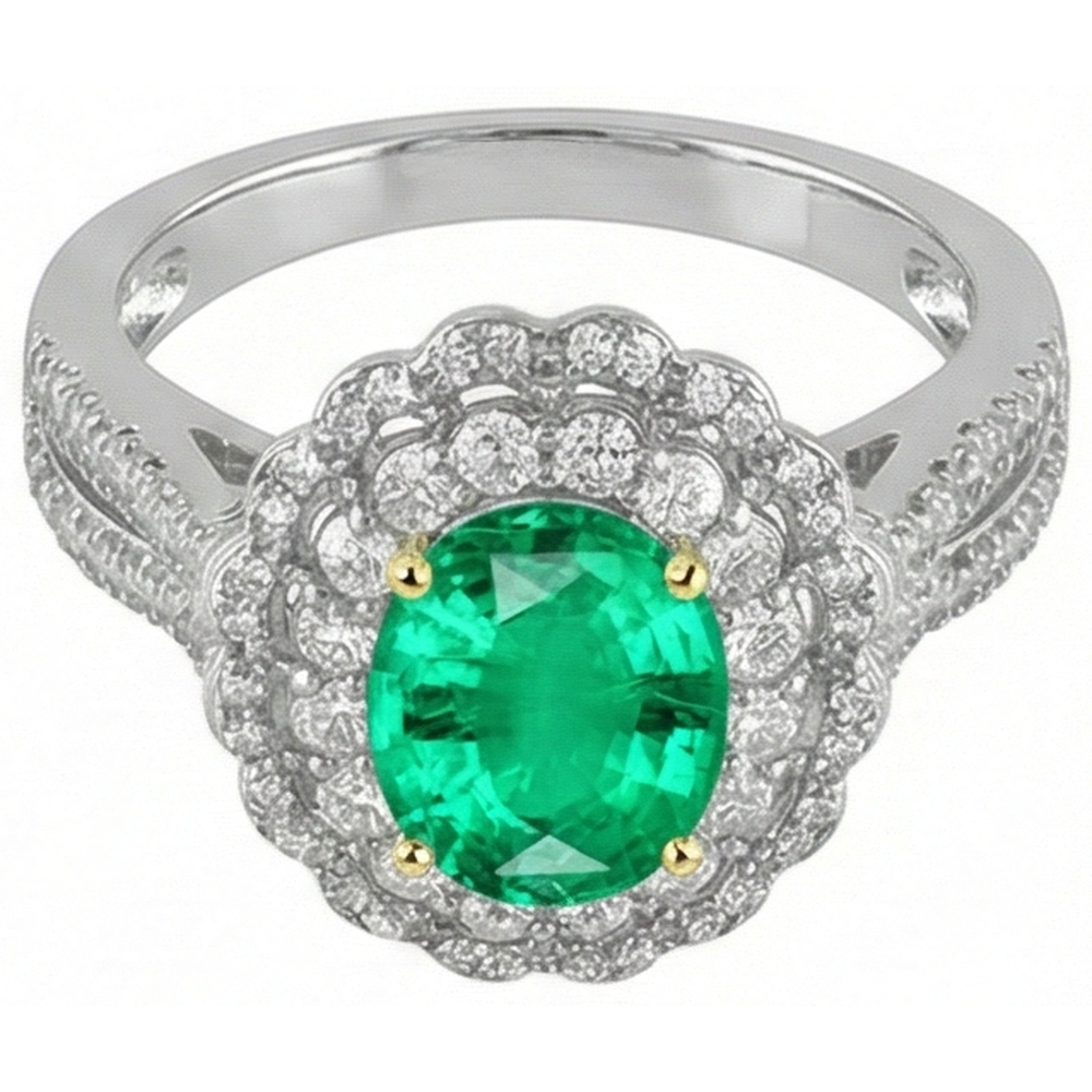 Émeraude Fine Bague Pierre Précieuse 2-carats Or Deux Tons 14 Carats – vue de face