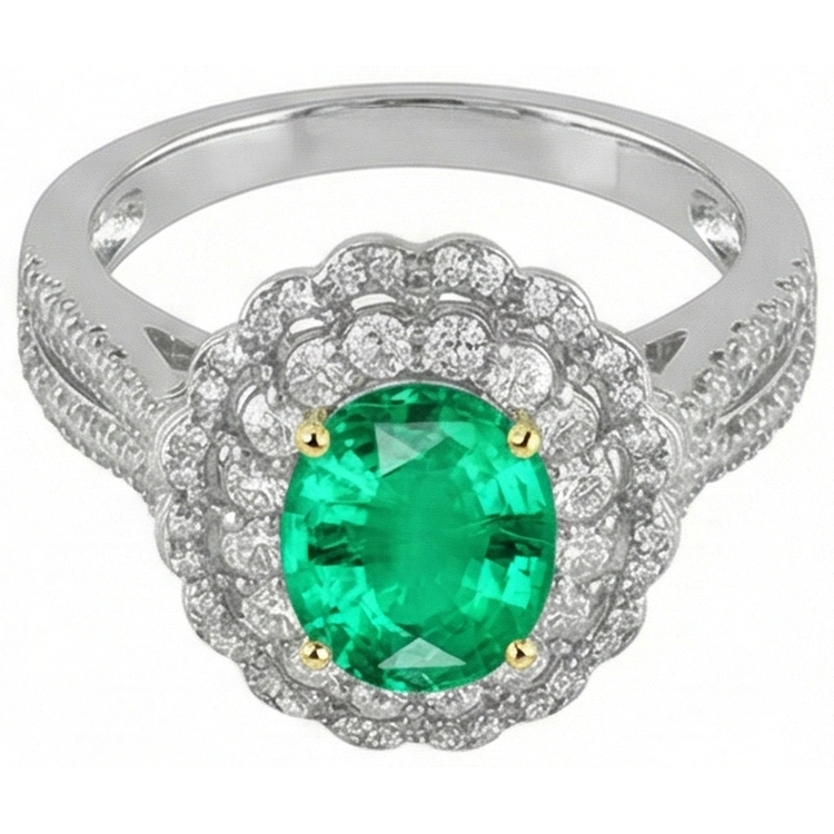 Émeraude Fine Bague Pierre Précieuse 2-carats Or Deux Tons 14 Carats – vue de face