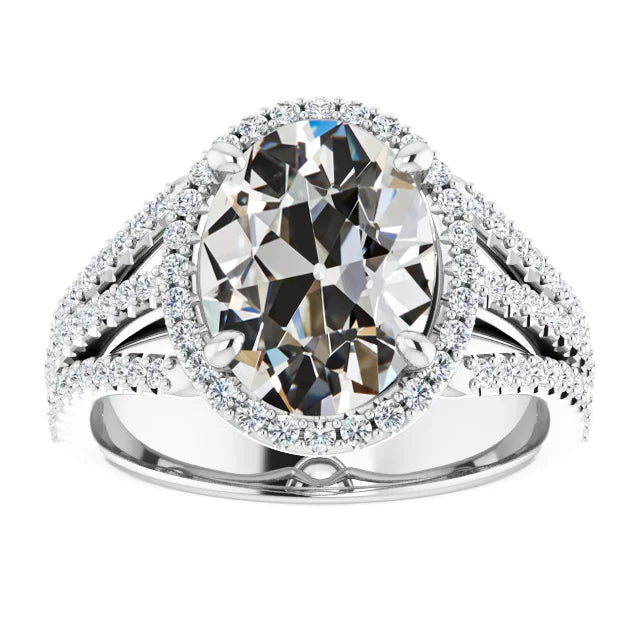 Halo Oval Old Cut Réel Diamond Ring Prong Double Split Shank 8.75 Carats