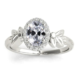 Halo Oval Vieux Mineur Réel Diamond Ring Leaf Style Vintage 4 Carats