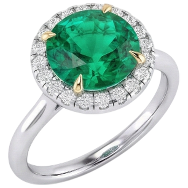 Émeraude Fine Taille Ronde Bague Pierre de Couleur en Or Bicolore 14 Carats – vue d'angle