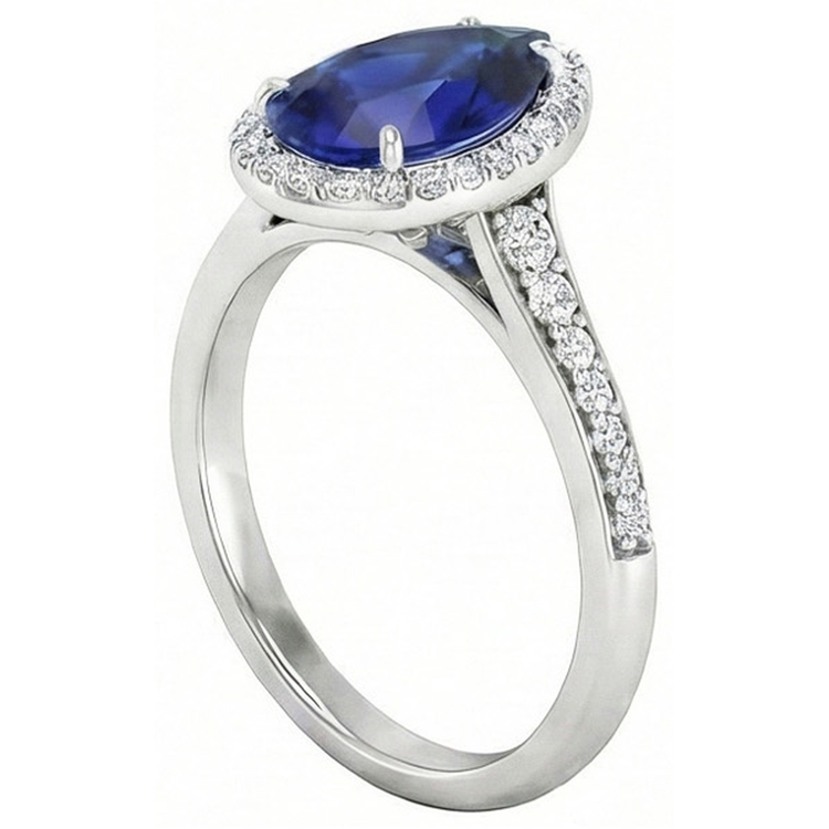 Saphir Bleu Bague Pierre de Couleur 2,50 carats Or Blanc 14 Carats – vue d'angle