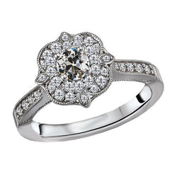Diamant Fin Coussin Antique Bague Halo 1 carats en Or Blanc 14