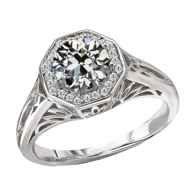 Brillant Taille Old Mine Bague Halo en Or Blanc 14 Carats – vue principale