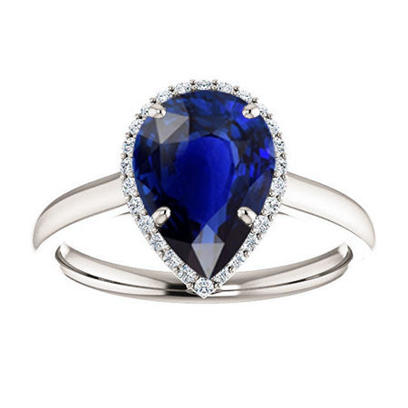 Saphir Bleu Bleuet Goutte Bague Pierre Précieuse en Or Blanc 14 Carats – vue principale
