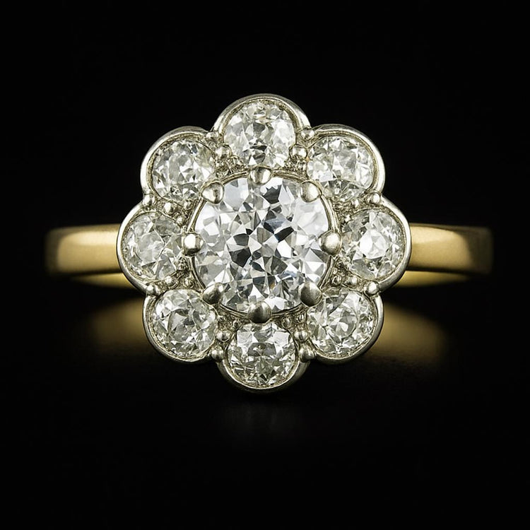 Halo ancienne mine Cut Réel Diamond Ring Bicolore Bijoux Style Fleur 3 Carats