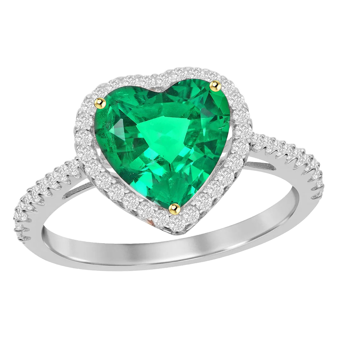 Forme Cœur Émeraude Colombienne bague en Or Deux Tons 14 Carats – vue principale