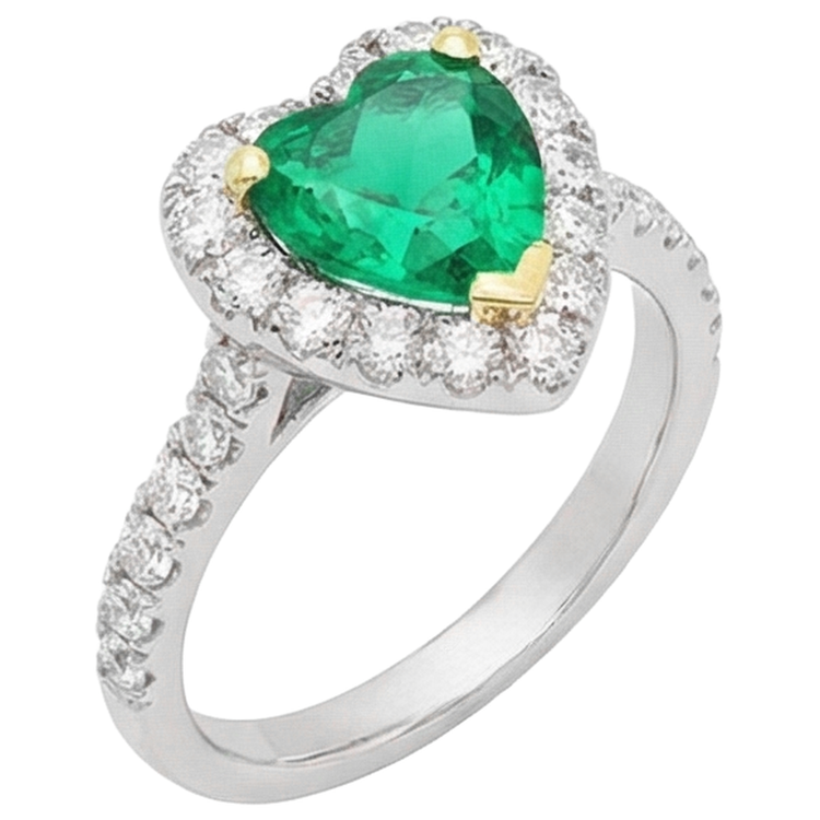 Émeraude Fine Forme Cœur Bague Pierre de Couleur en Or Deux Tons 14 Carats – vue de face
