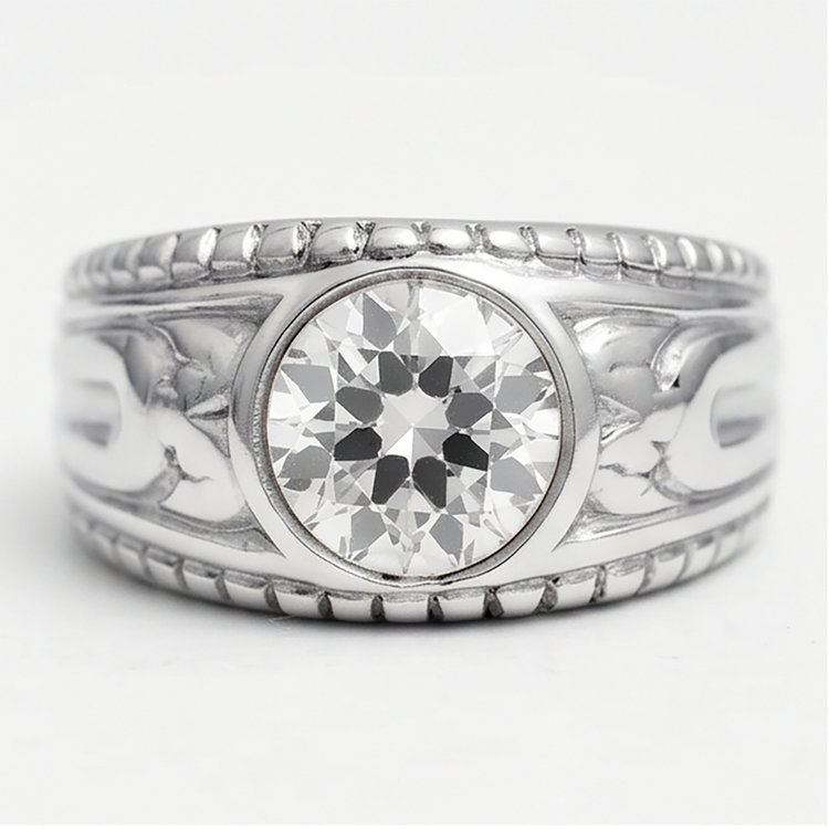 Homme Artisanal Bague Masculine avec Diamant Fin Taille Old Mine