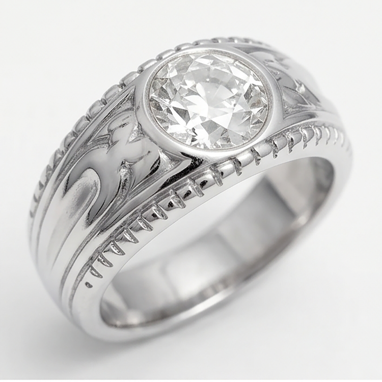 Homme Artisanal Bague Masculine avec Diamant Fin Taille Old Mine