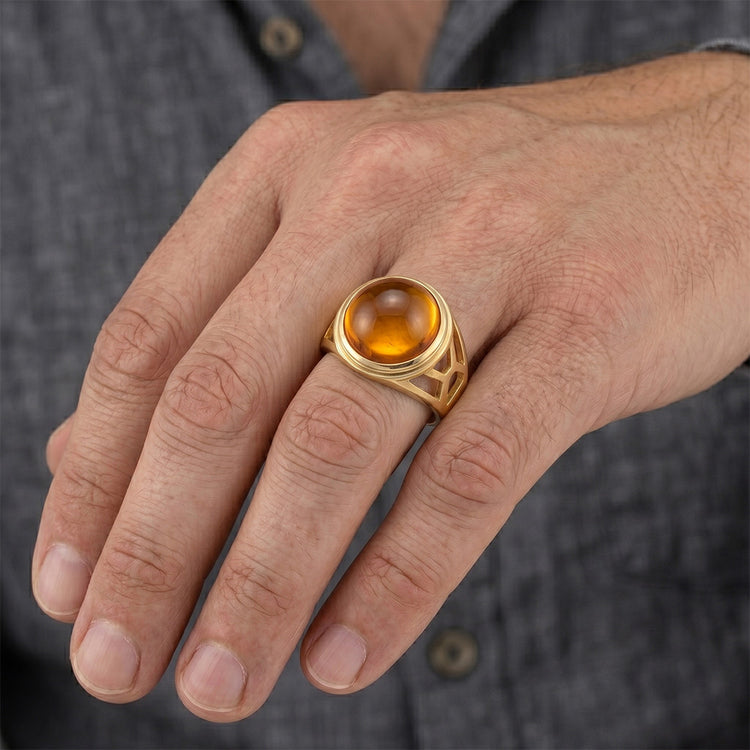 Homme Citrine Cabochon Bague Pierre de Couleur 5 carats en Or