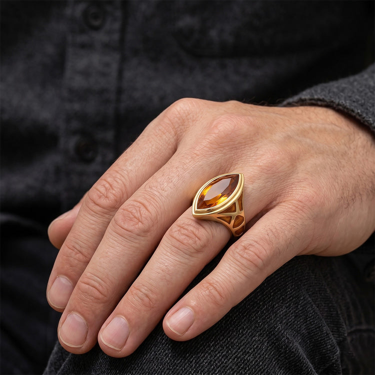 Homme Citrine Dorée Bague Pierre Précieuse – Or Jaune 14 Carats