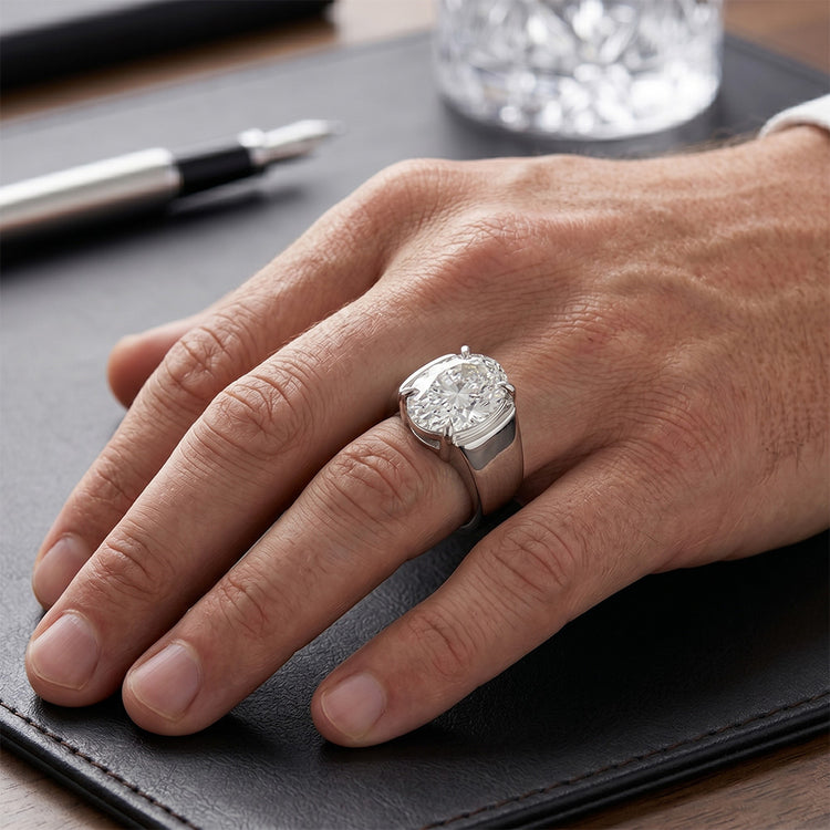 Homme Ovale Diamant Fin Bague Masculine – 4 carats en Or Blanc 14