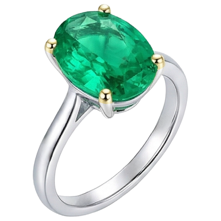 Émeraude Ovale Bague Pierre Précieuse en Or Bicolore 14 Carats – vue de face