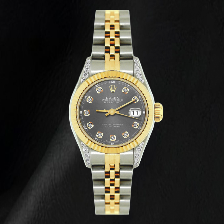Montre Rolex Datejust 69173 26 mm Bicolore Cadran Diamants Gris Lunette Cannelée