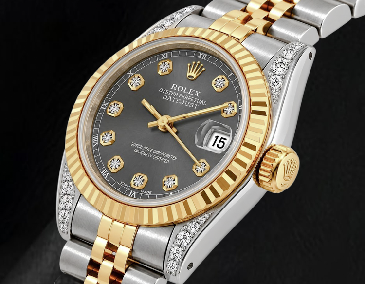 Montre Rolex Datejust 69173 26 mm Bicolore Cadran Diamants Gris Lunette Cannelée