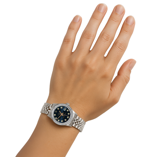 Jubilé en acier inoxydable Rolex cadran diamant bleu date juste