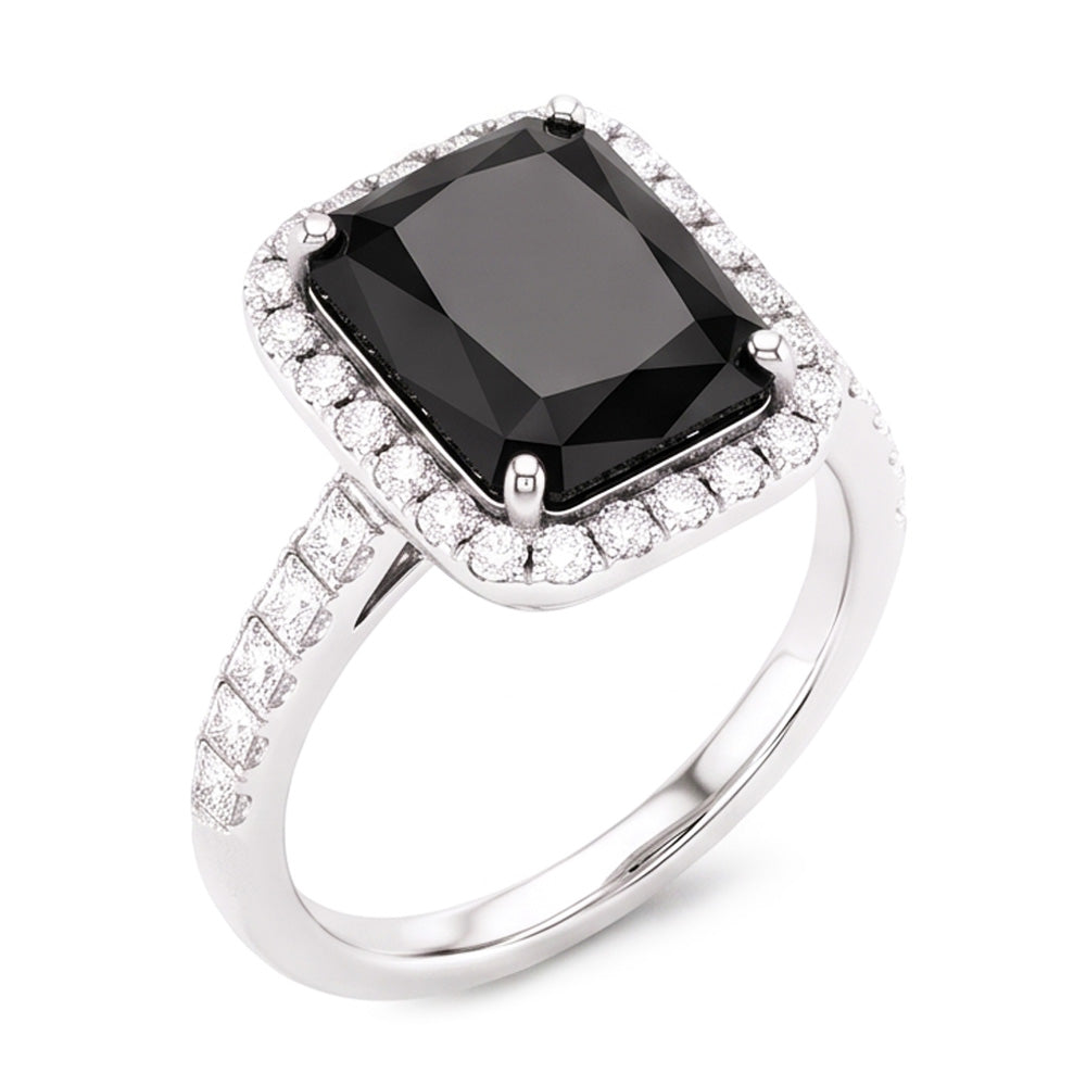 Bague pour Femme avec Diamant Noir Naturel de 7 Carats Taille Radiant et Halo en Or Blanc 14 Carats