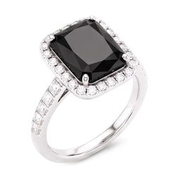 Bague pour femme en or blanc 14 carats avec diamant noir naturel taille radiant de 7 carats et halo