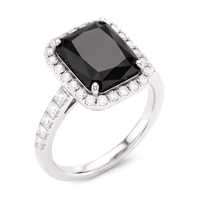 Bague pour Femme avec Diamant Noir Naturel de 7 Carats Taille Radiant et Halo en Or Blanc 14 Carats