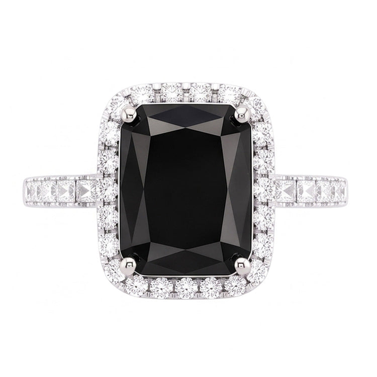 Bague pour Femme avec Diamant Noir Naturel de 7 Carats Taille Radiant et Halo en Or Blanc 14 Carats