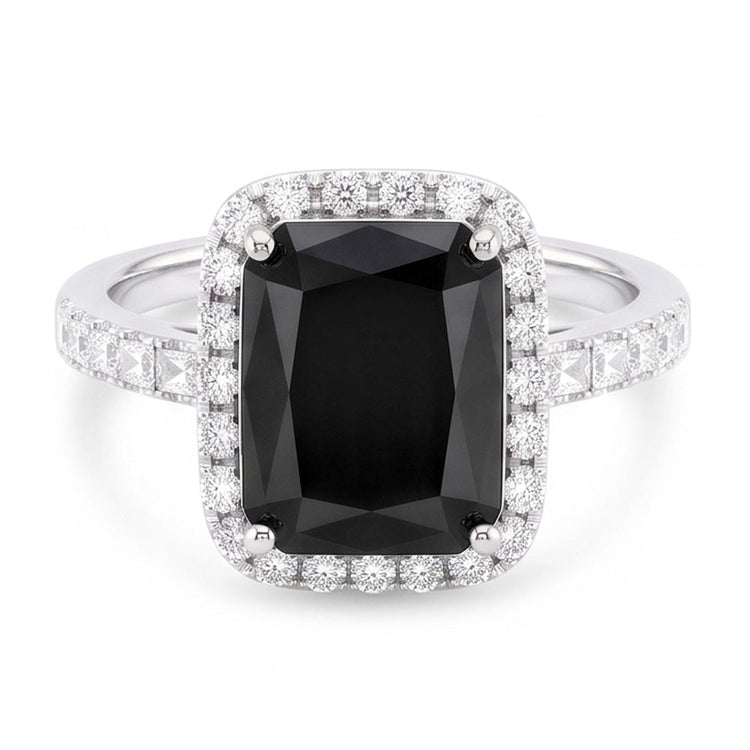 Bague pour femme en or blanc 14 carats avec diamant noir naturel taille radiant de 7 carats et halo