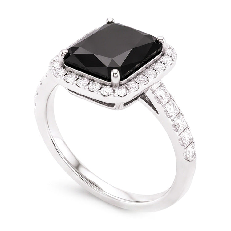 Bague pour femme en or blanc 14 carats avec diamant noir naturel taille radiant de 7 carats et halo