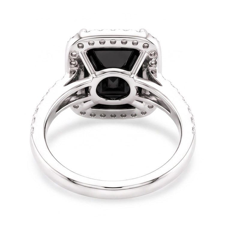 Bague pour Femme avec Diamant Noir Naturel de 7 Carats Taille Radiant et Halo en Or Blanc 14 Carats