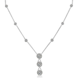 Lunette Sertie Réel Diamant Milligrain 3.15 Ct Collier 46 Cm Or Blanc 14 Carats