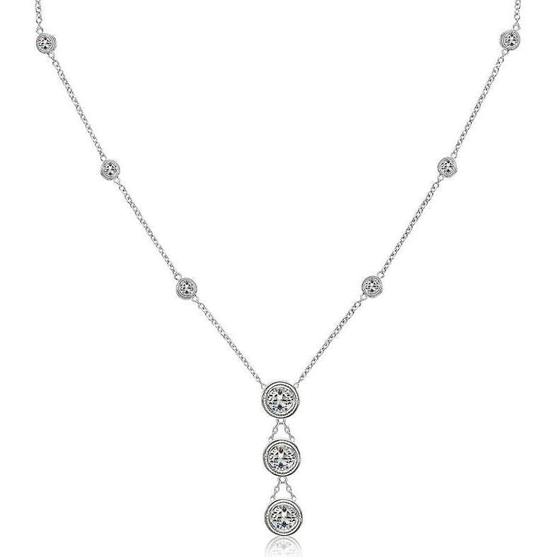 Lunette Sertie Réel Diamant Milligrain 3.15 Ct Collier 46 Cm Or Blanc 14 Carats
