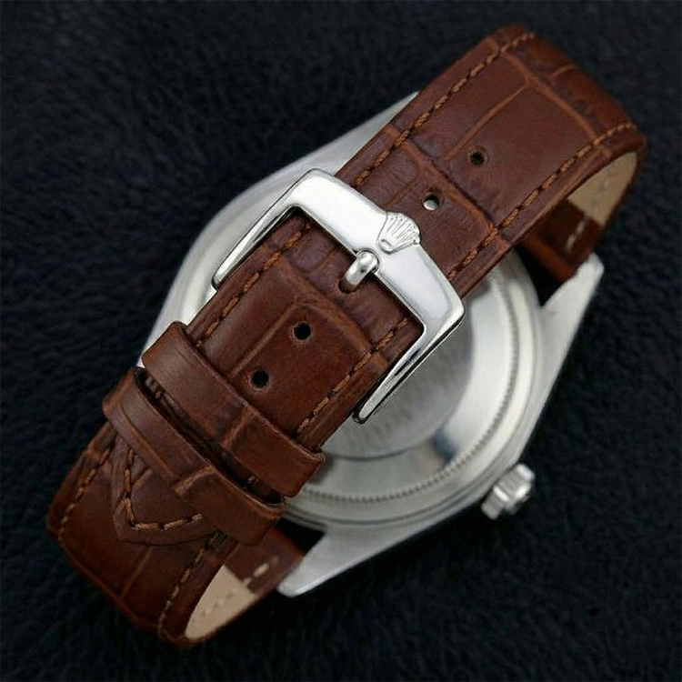 Lunette cannelée Rolex acier inoxydable Montre pour homme Datejust bracelet en cuir marron réglage rapide