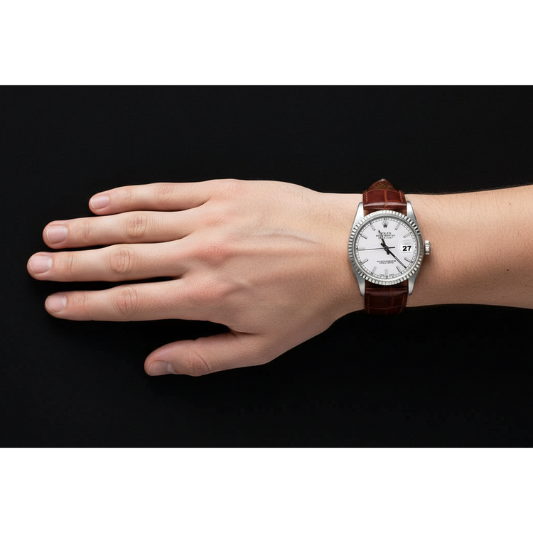 Lunette cannelée Rolex acier inoxydable Montre pour homme Datejust bracelet en cuir marron réglage rapide