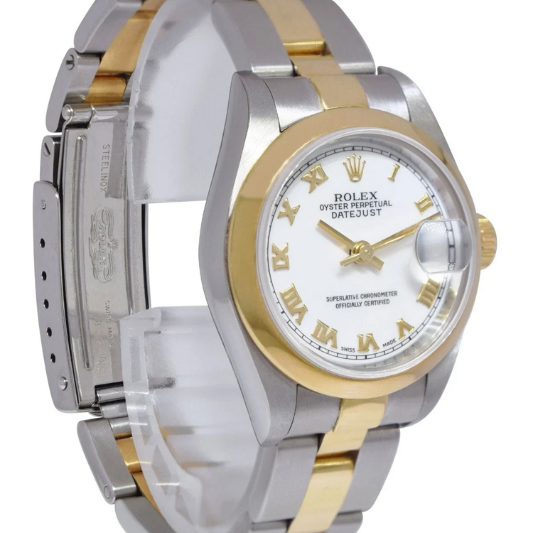 Lunette Cadran Romain Blanc Regarder Rolex Datejust acier inoxydable & Bracelet Or