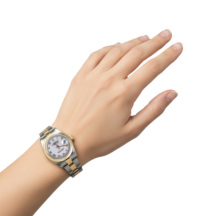 Lunette Cadran Romain Blanc Regarder Rolex Datejust acier inoxydable & Bracelet Or P2