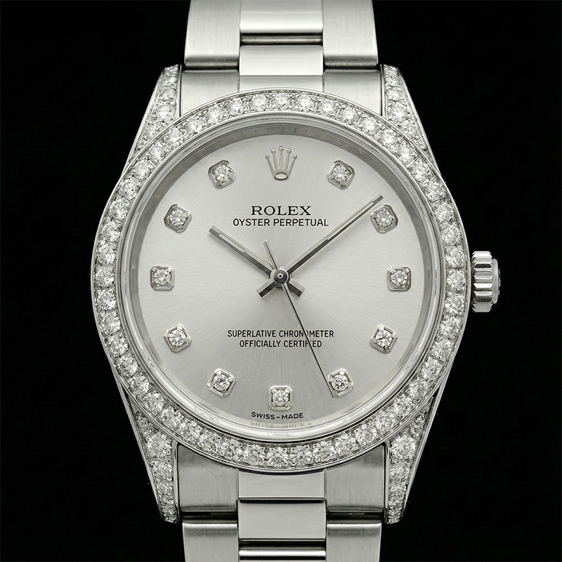 Lunette Diamant Personnalisée Rolex Taille moyenne Sans date 31 mm Montre acier inoxydable