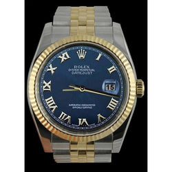Lunette Rolex Date Montre Cadran romain bleu acier inoxydable et jubilé d'or réglage rapide