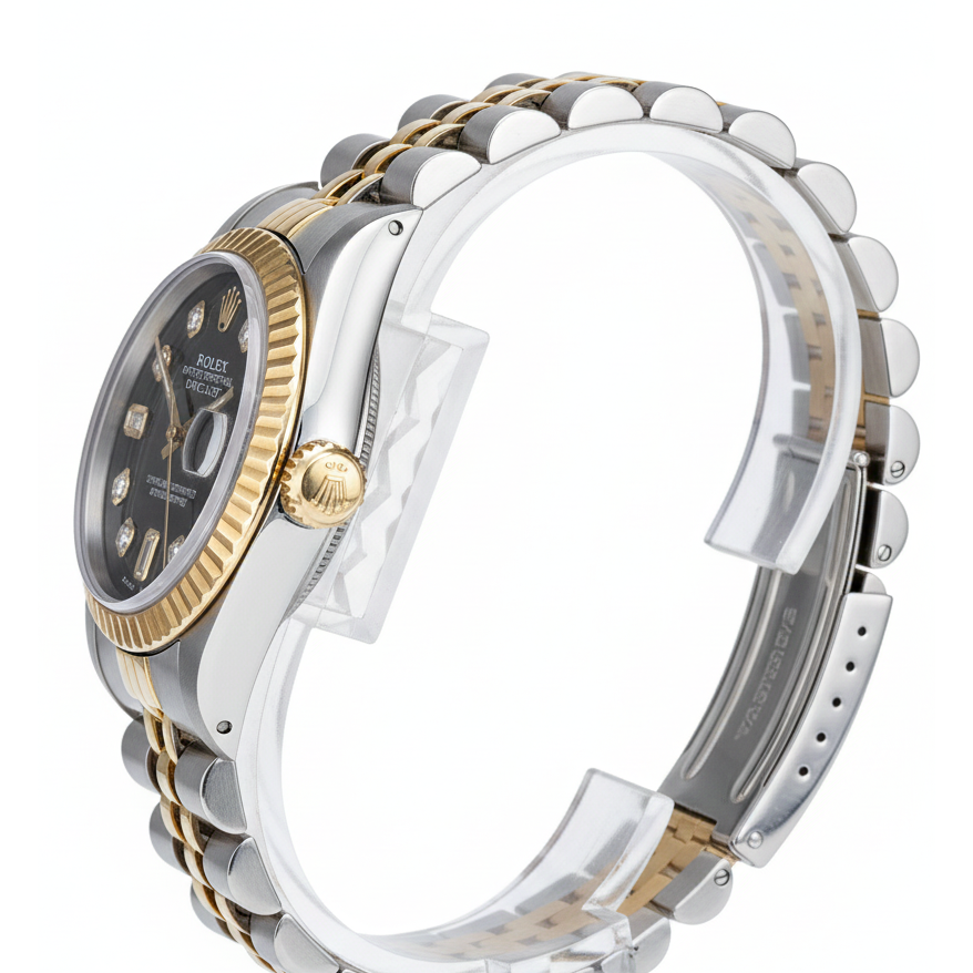 Lunette cannelée Rolex acier inoxydable et or baguette Cadran diamant Montre Datejust