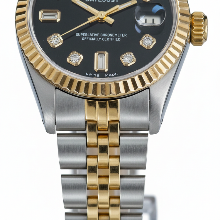 Lunette cannelée Rolex acier inoxydable et or baguette Cadran diamant Montre Datejust