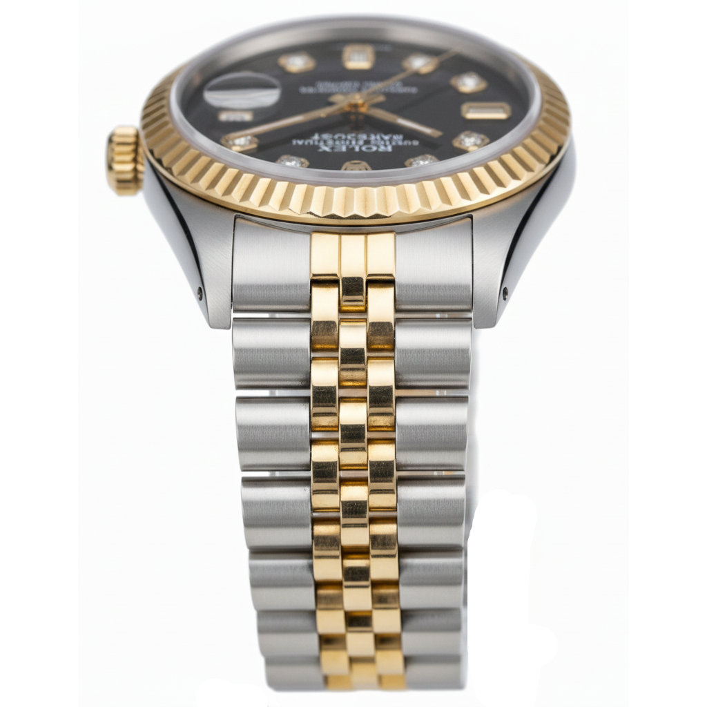 Lunette cannelée Rolex acier inoxydable et or baguette Cadran diamant Montre Datejust