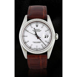 Lunette cannelée Rolex acier inoxydable Montre pour homme Datejust bracelet en cuir marron réglage rapide