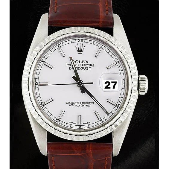 Lunette cannelée Rolex acier inoxydable Montre Datejust bracelet en cuir marron réglage rapide
