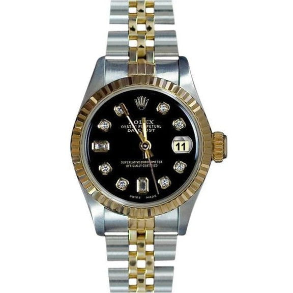 Lunette cannelée Rolex acier inoxydable et or baguette Cadran diamant 