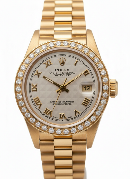Lunette diamant Pyramide Cadran romain Rolex Datejust montre président still or jaune